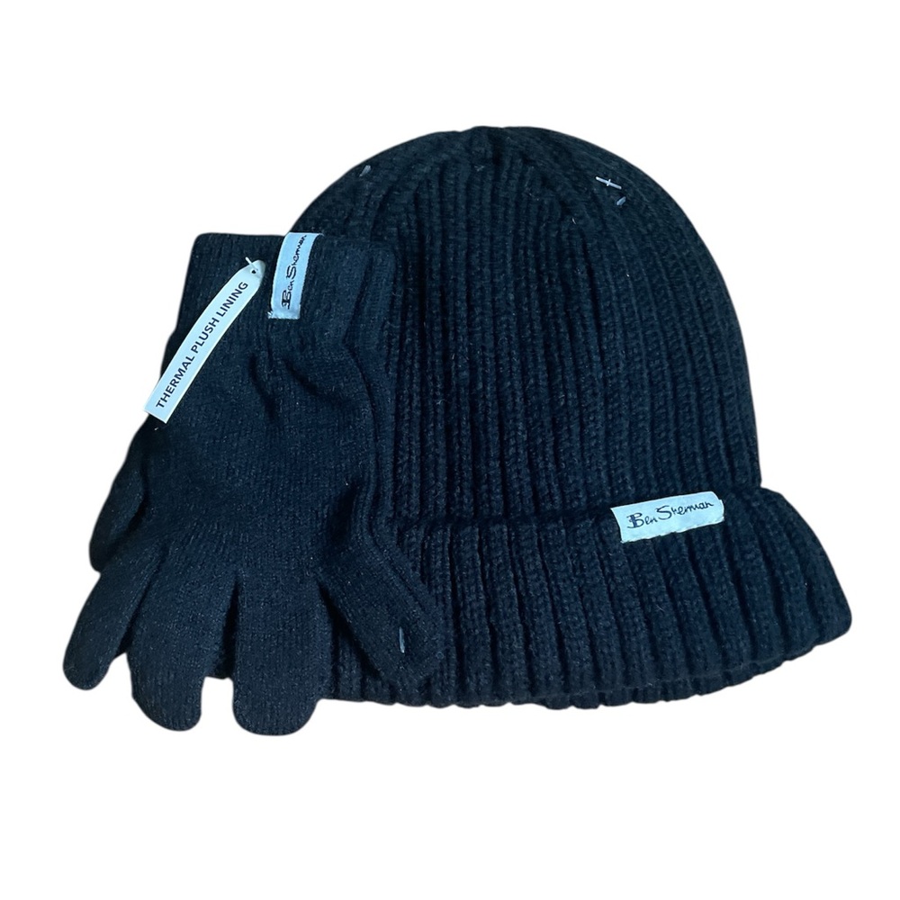 BEN SHERMAN THERMAL PLUSH LINED SKULL HAT BEANIE UNISEX O/S & GLOVES SET BLACK